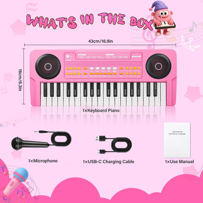 MusicForset kids toy piano packaging highlighting age recommendations and battery placement instructions