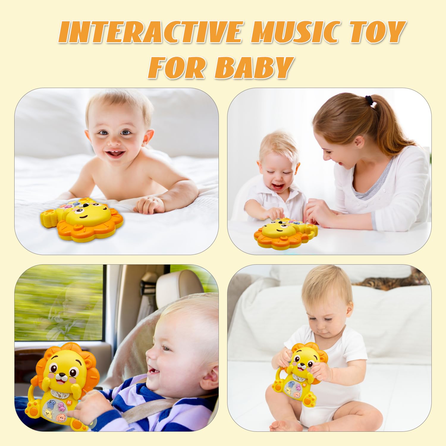 PYYCZA yellow lion musical instrument toy showcasing the volume control features and smooth plastic edges