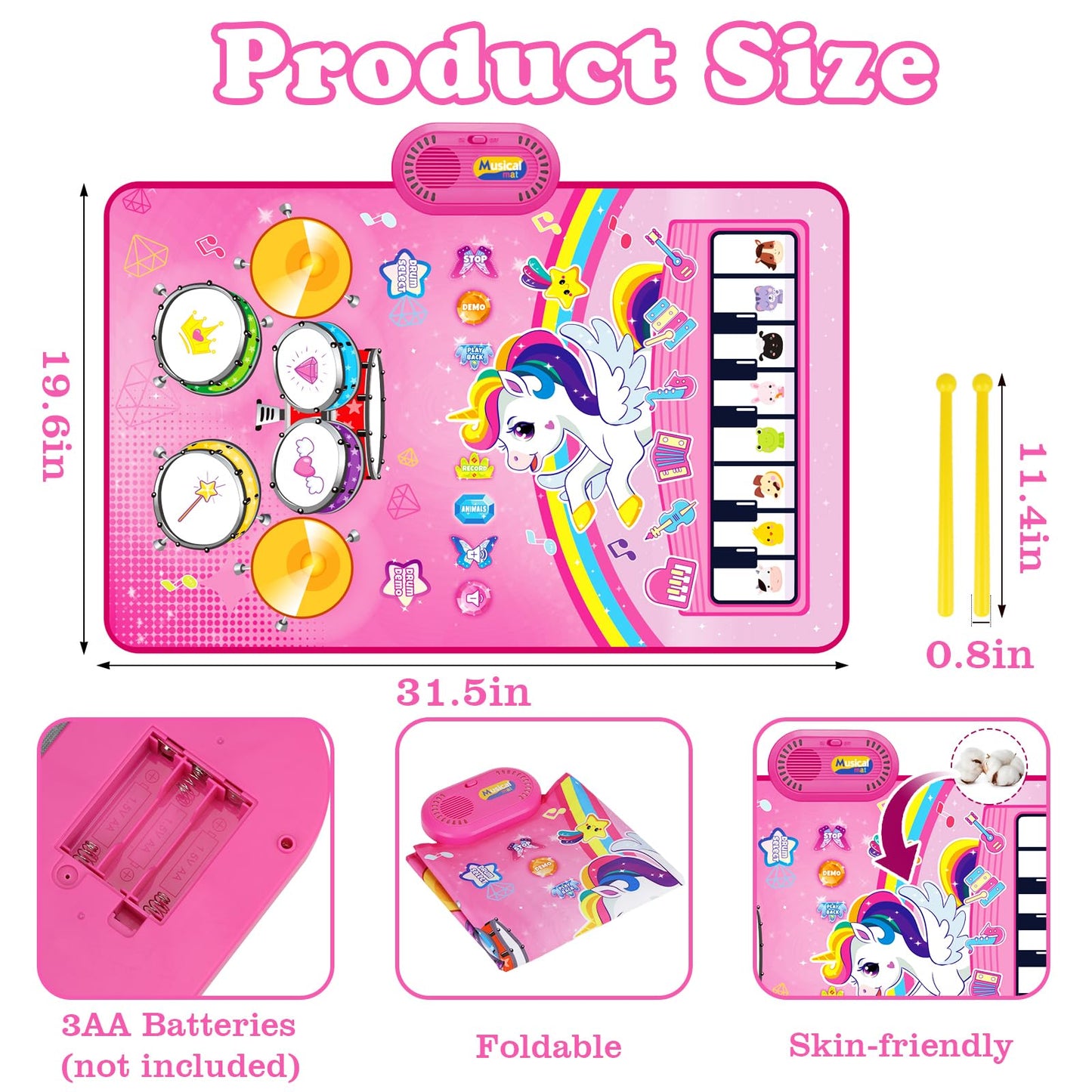 Toddler music toy mat showing the thirteen key electronic keyboard section and distinct touch-sensitive animal instrument icons