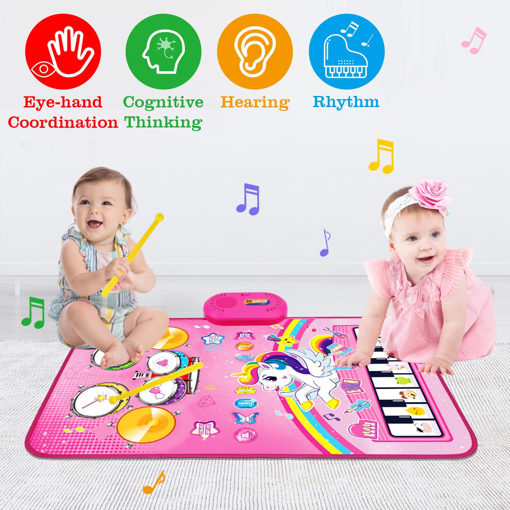 Side view angle of the Aitbay unicorn theme toddler mat emphasizing the durable stitching and high quality electronic touch points