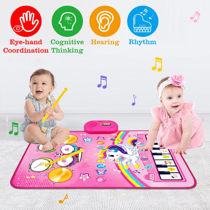 Side view angle of the Aitbay unicorn theme toddler mat emphasizing the durable stitching and high quality electronic touch points
