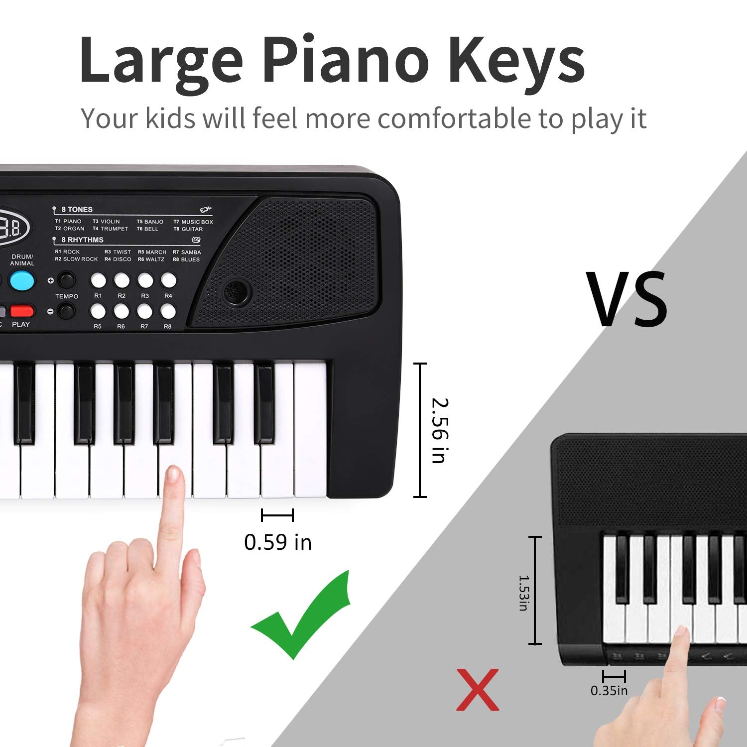 M SANMERSEN 37 key kids piano keyboard dual speaker details and control knobs close up view