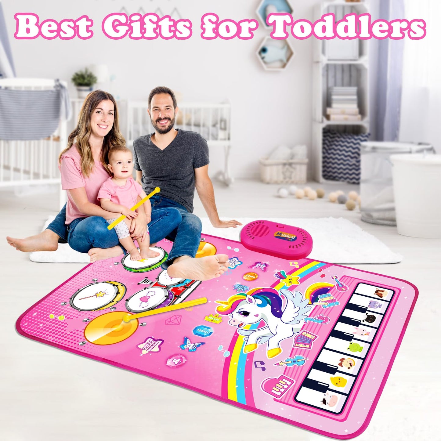Packaging box layout of the Aitbay baby musical play mat illustrating key early childhood educational and coordination benefits