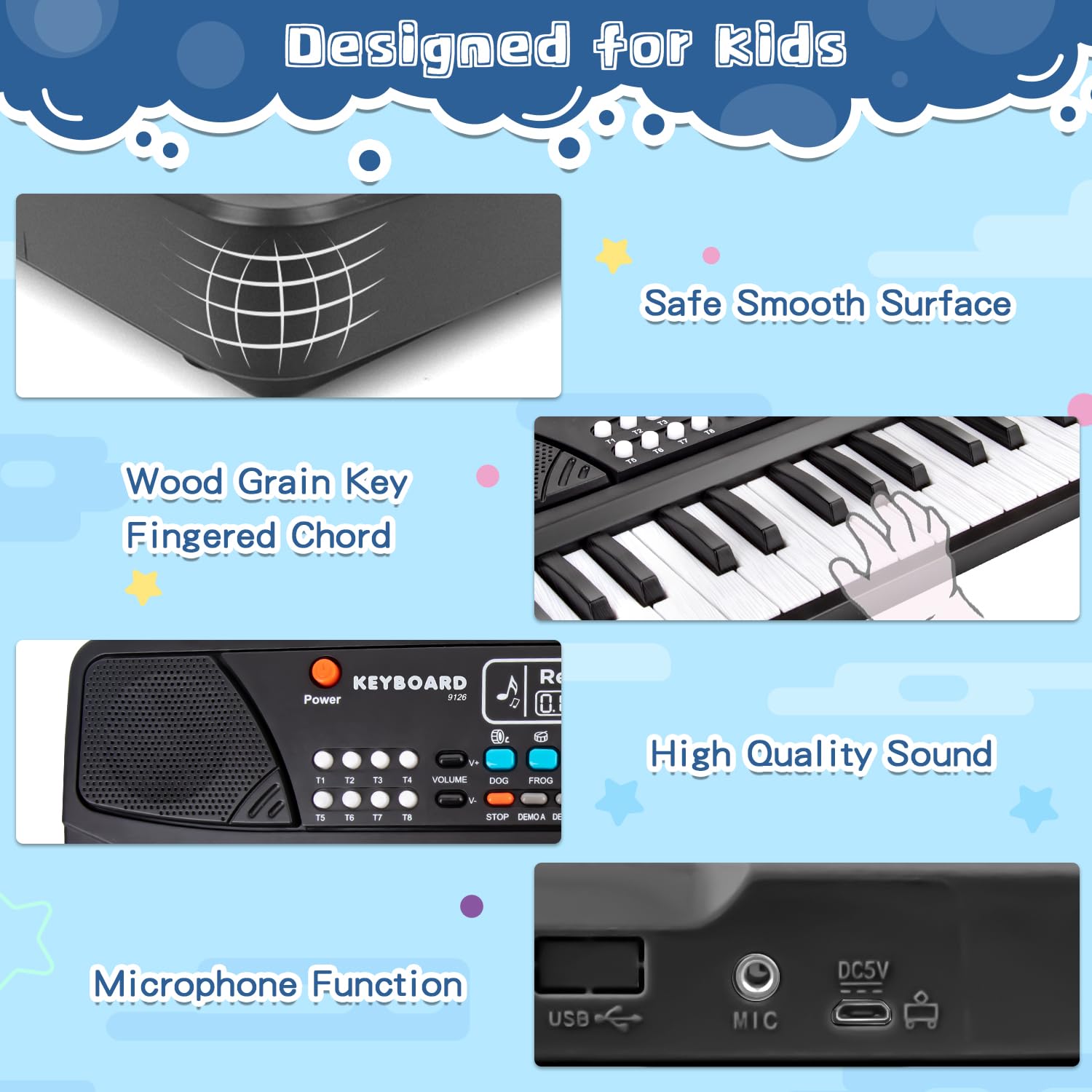 M SANMERSEN toddler electronic piano keyboard showing the secure battery compartment at the base