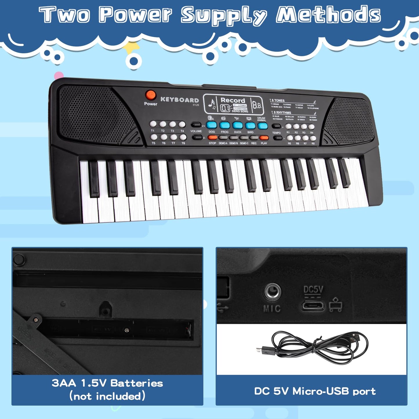 M SANMERSEN 37 key upgrade piano keyboard packaging box and included power cable setup