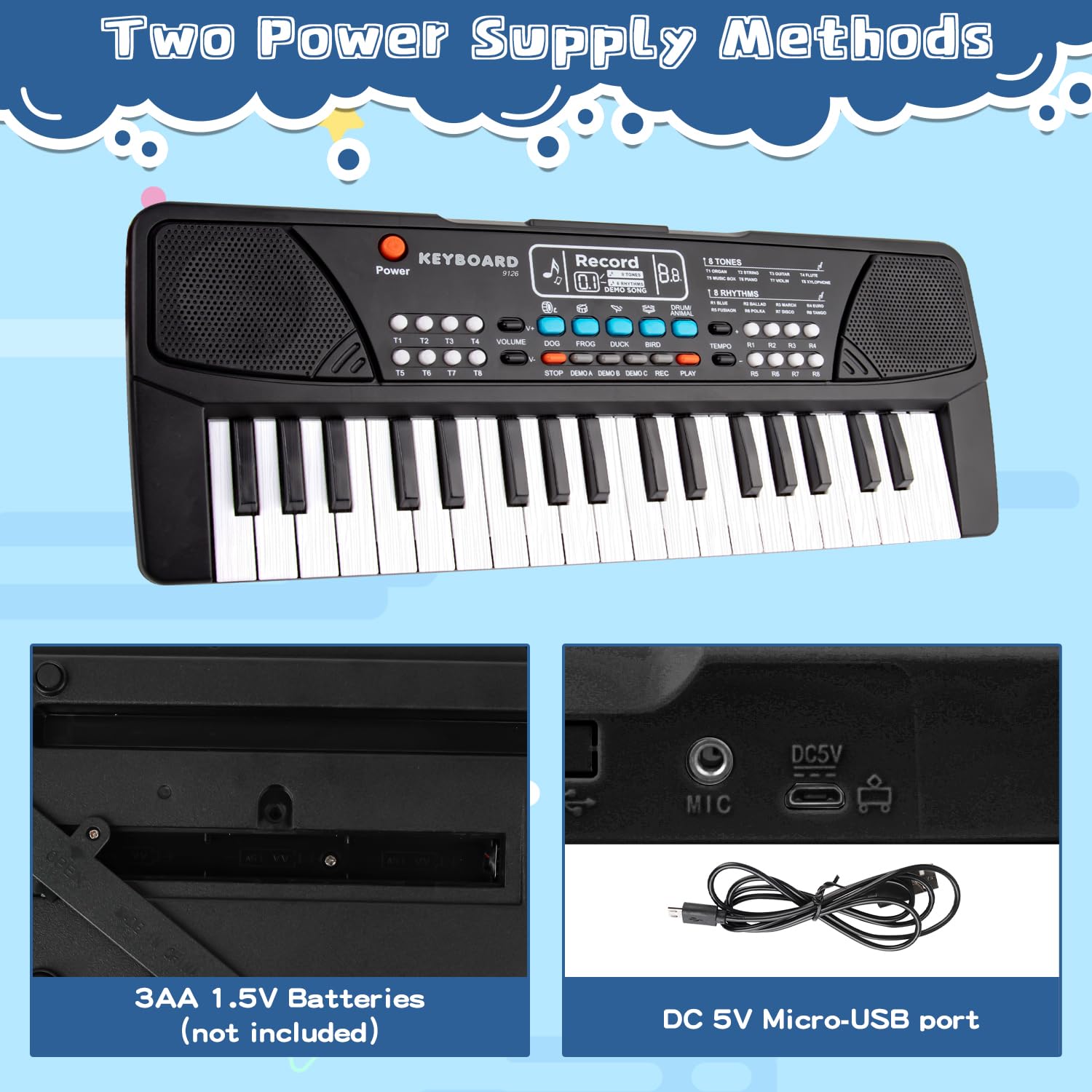 M SANMERSEN 37 key upgrade piano keyboard packaging box and included power cable setup