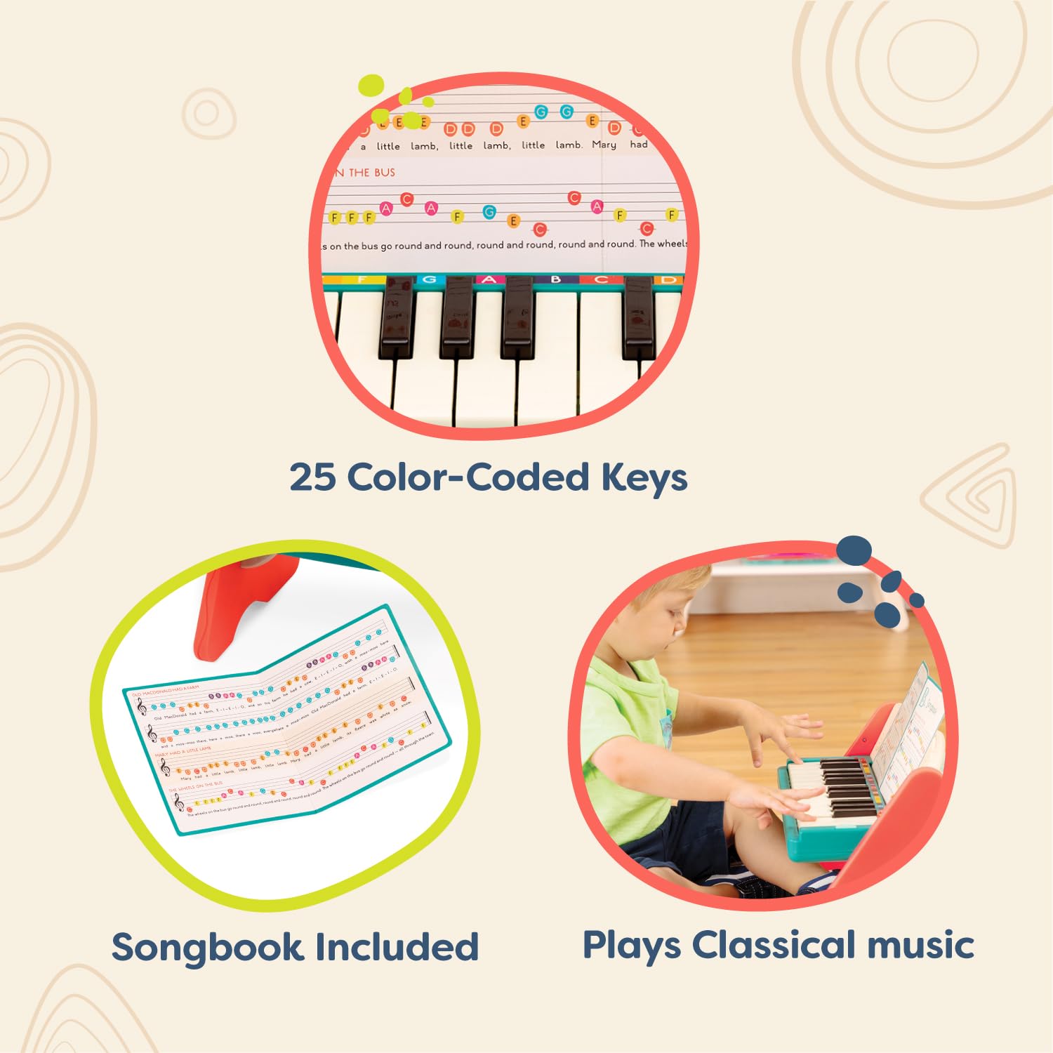 B. toys early learning musical toy piano highlighting the location of the classical music playback button