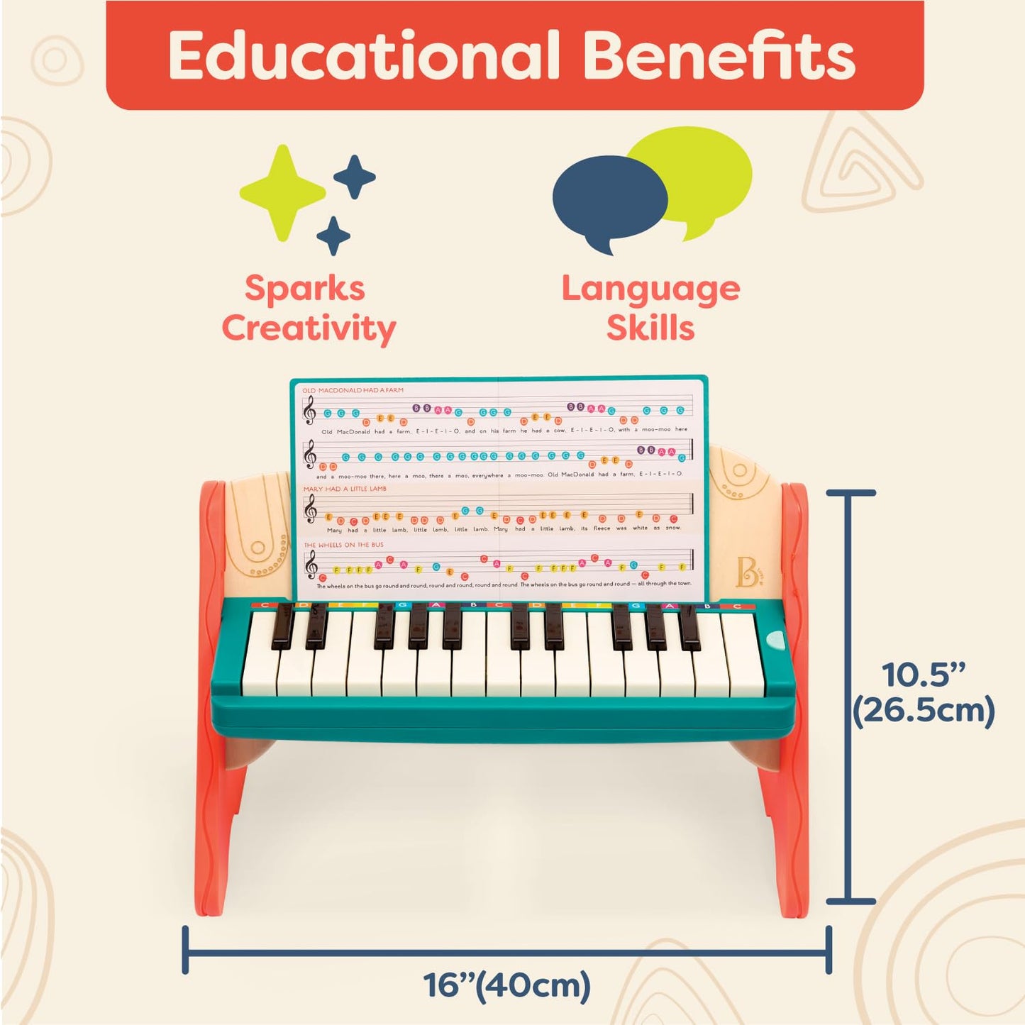 B. toys 25 key wooden toy piano package view displaying educational attributes and age recommendations