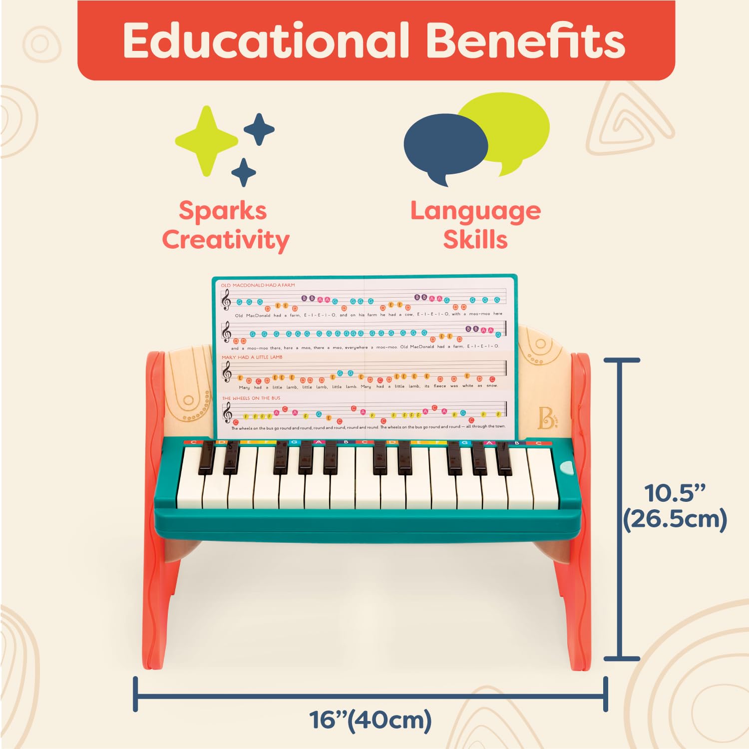B. toys 25 key wooden toy piano package view displaying educational attributes and age recommendations