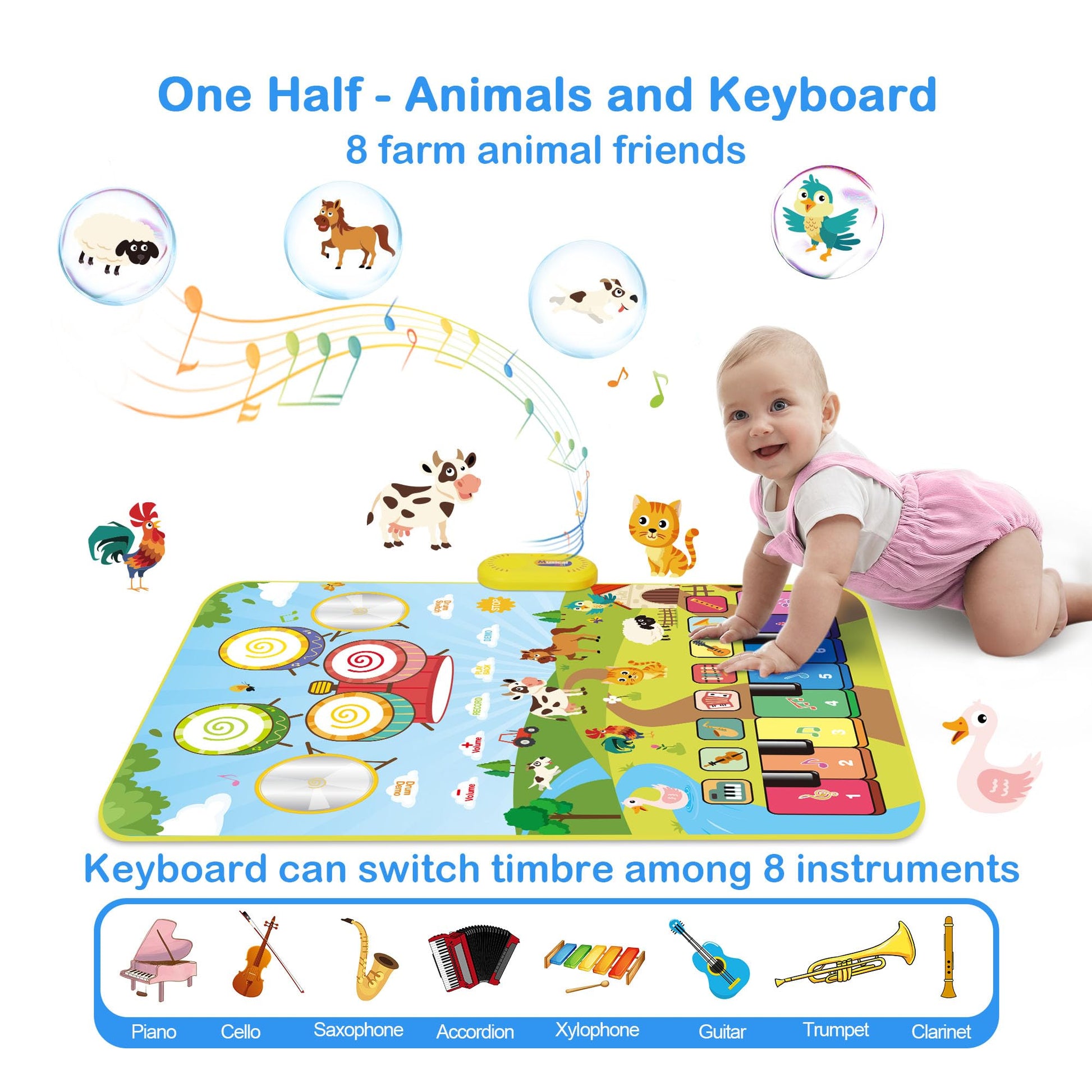 Toddler playing on the Foki farm themed musical floor mat with drumsticks