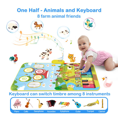 Toddler playing on the Foki farm themed musical floor mat with drumsticks