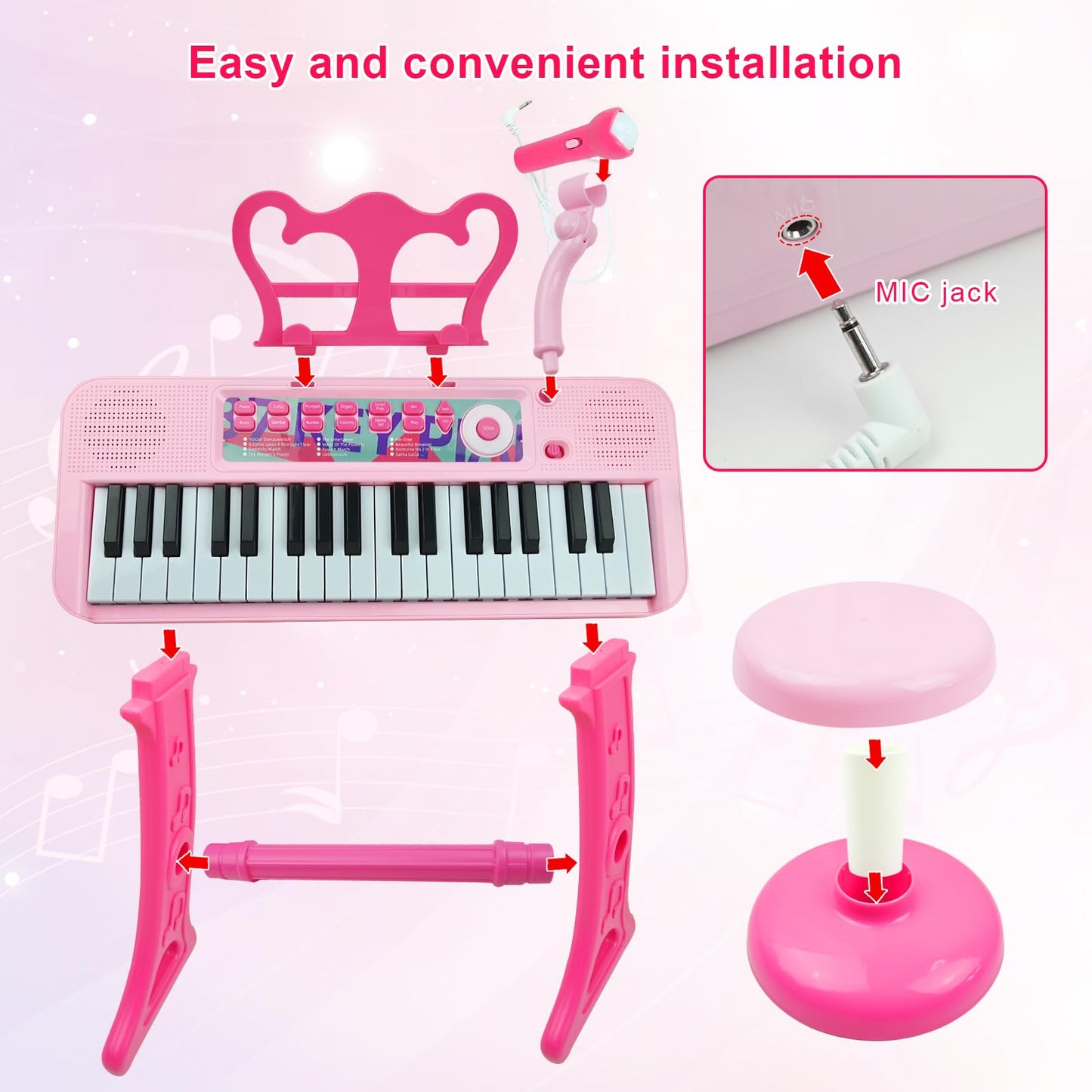 The music score sheet stand attached to the upper deck of the pink electronic instrument.