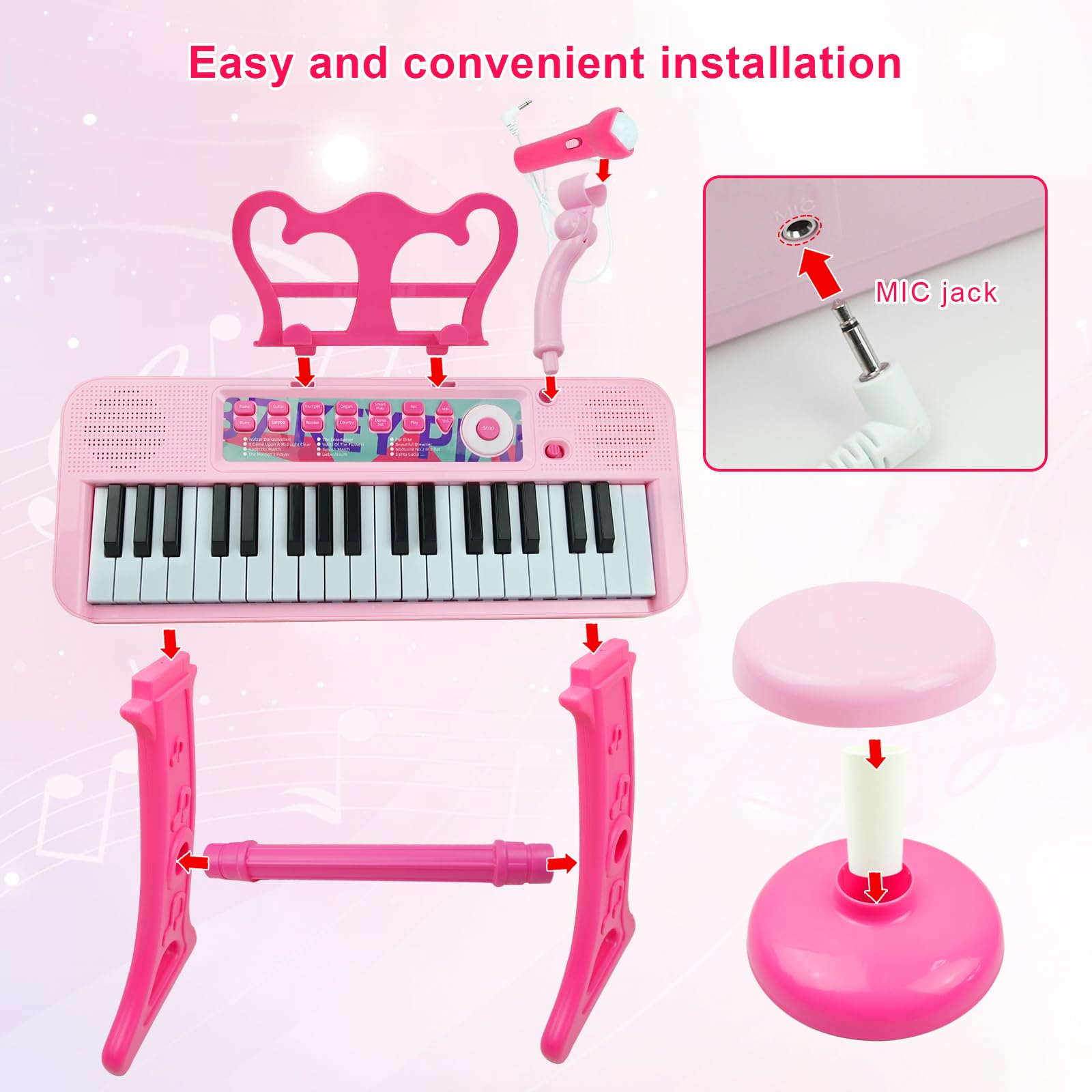 The music score sheet stand attached to the upper deck of the pink electronic instrument.