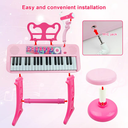 The music score sheet stand attached to the upper deck of the pink electronic instrument.
