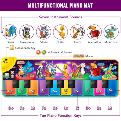 Toddler floor keyboard blanket showing the interactive instrument icons and touch play buttons.