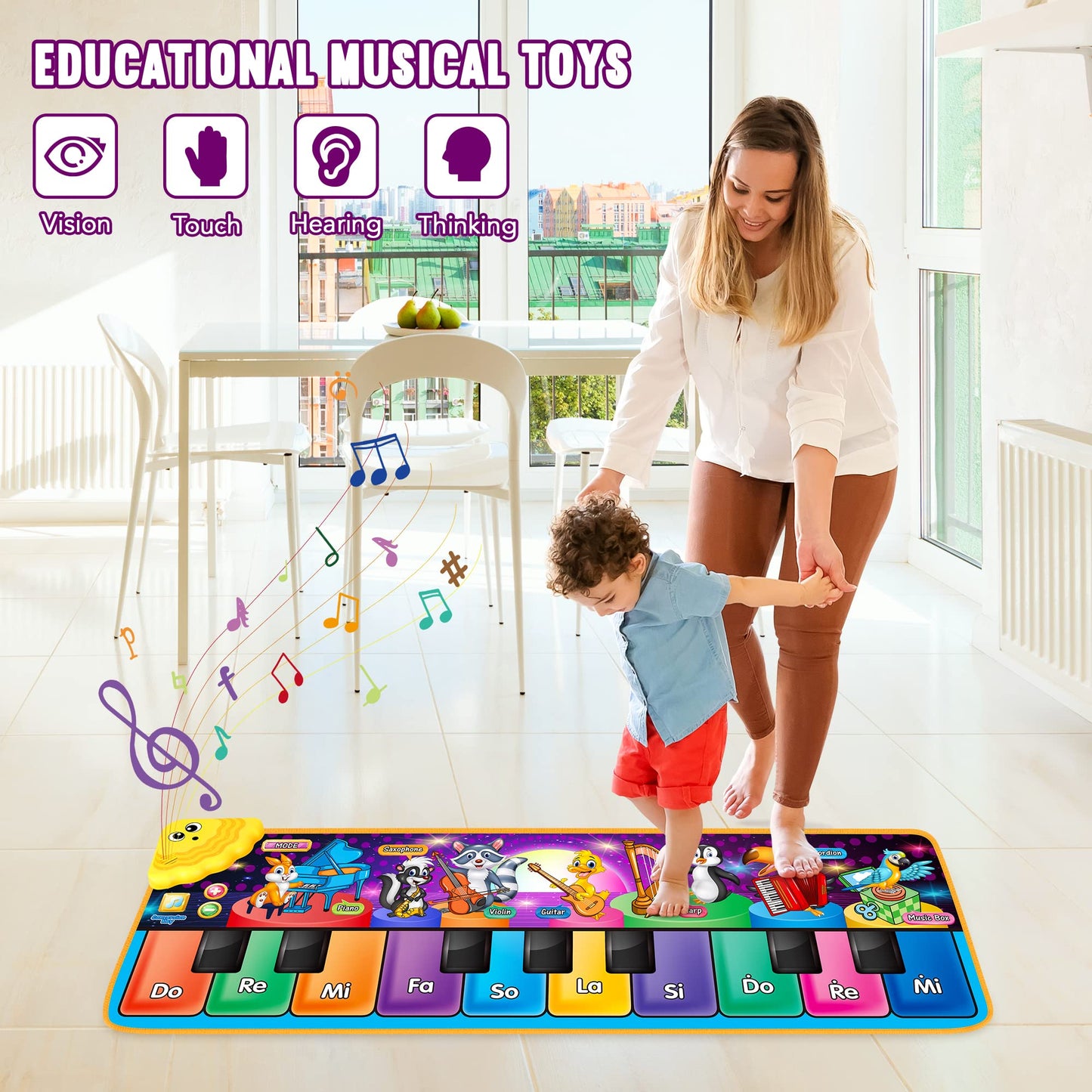 Packaging layout of the authentic imported musical learning toy for young boys and girls.
