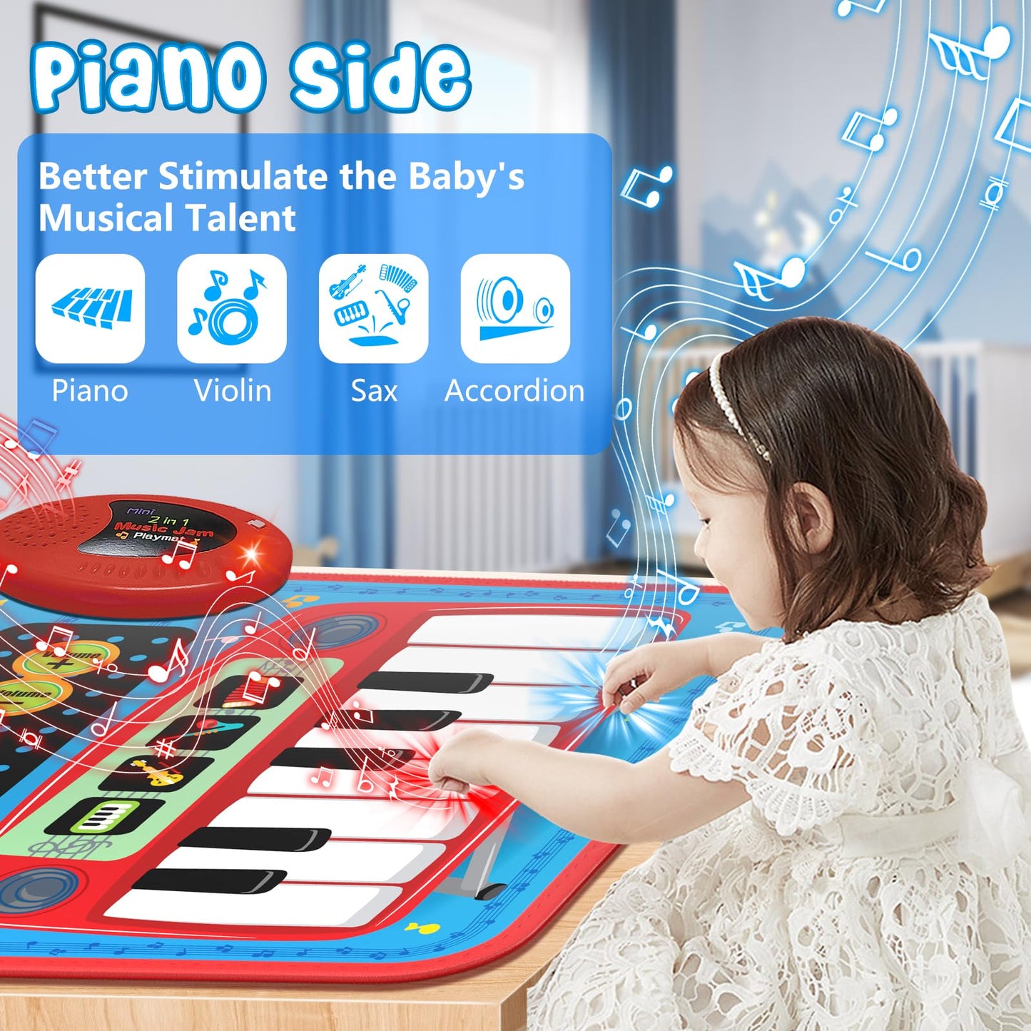 The eight-key piano keyboard section displaying the colorful instrument selection buttons for violin and saxophone sounds