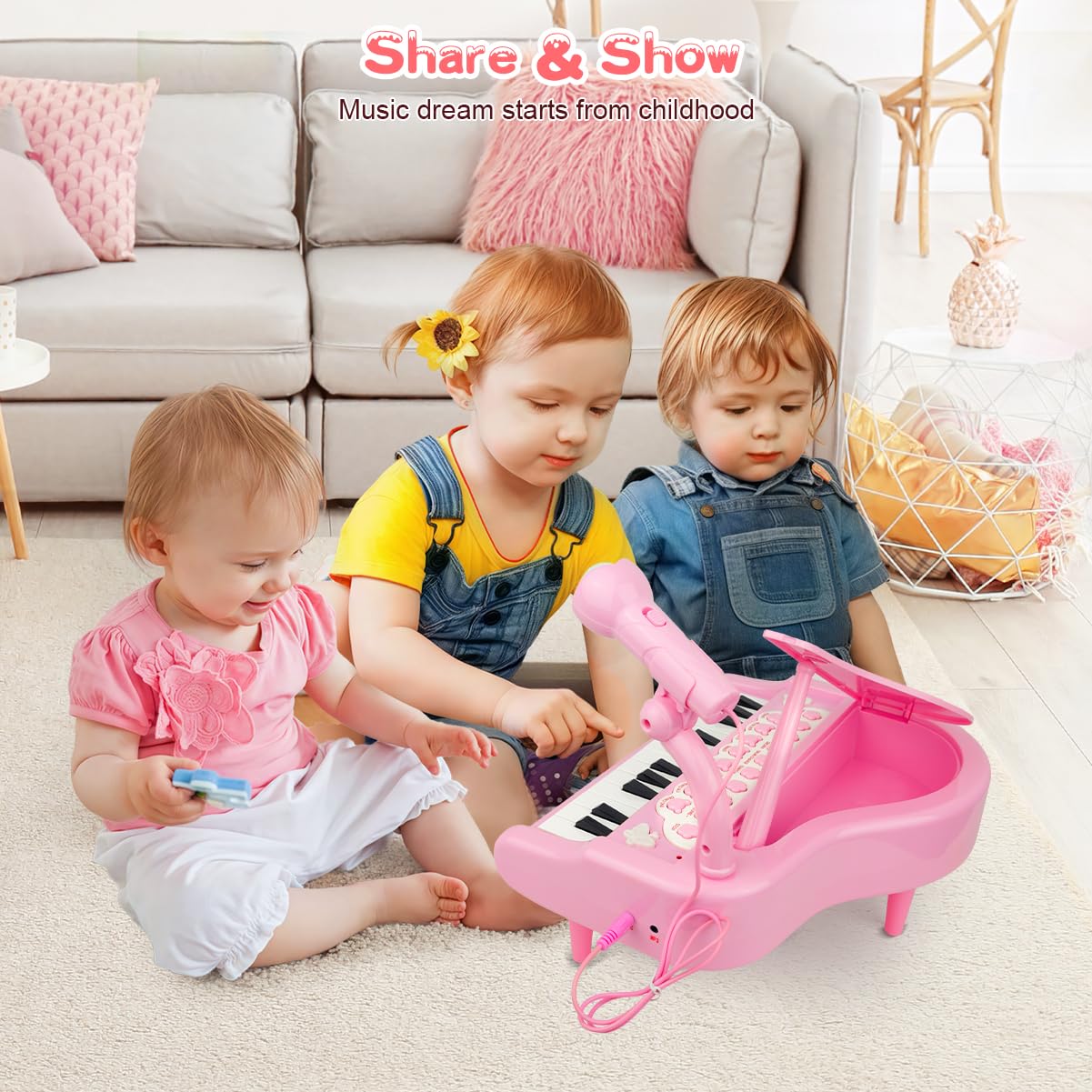 Love And Mini pink grand piano toy illustrating record and playback function setup