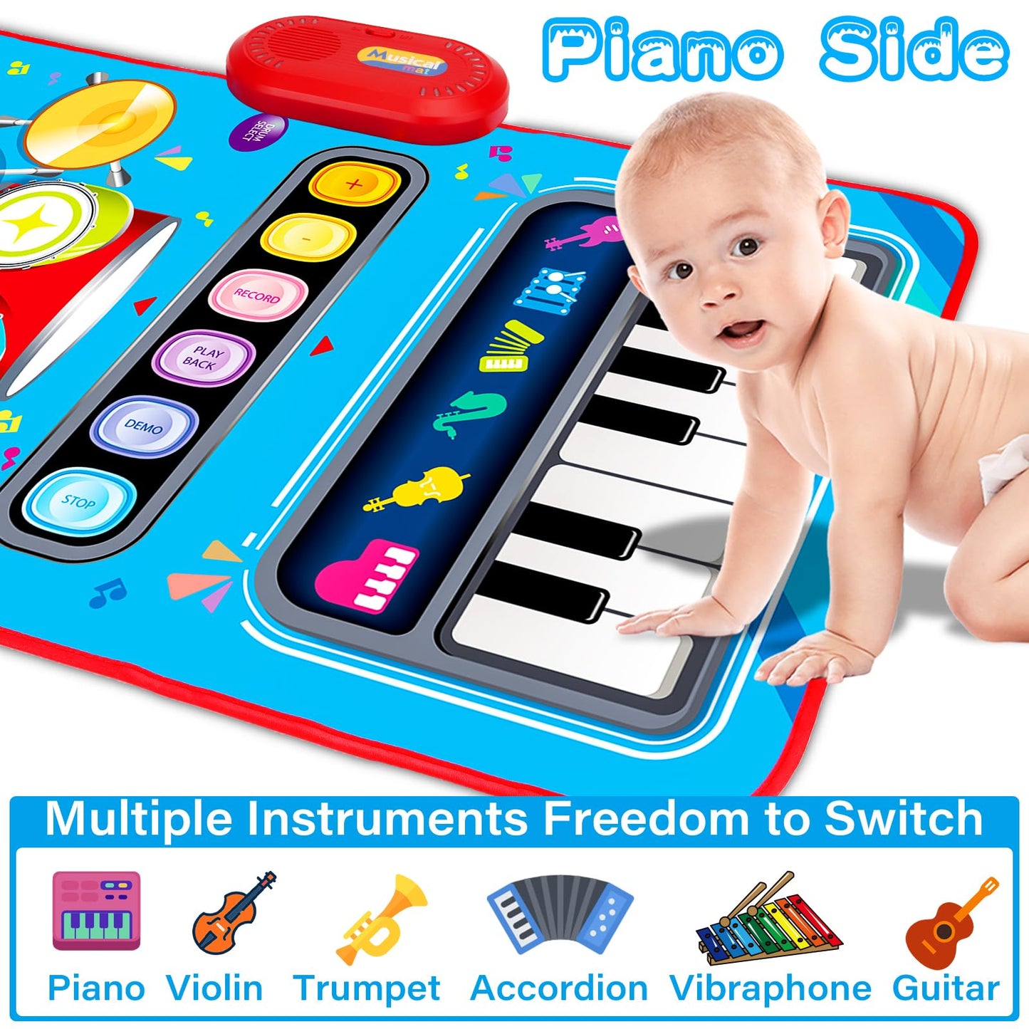 Toddler-safe interactive dual musical floor mat showing the included pair of drumsticks.