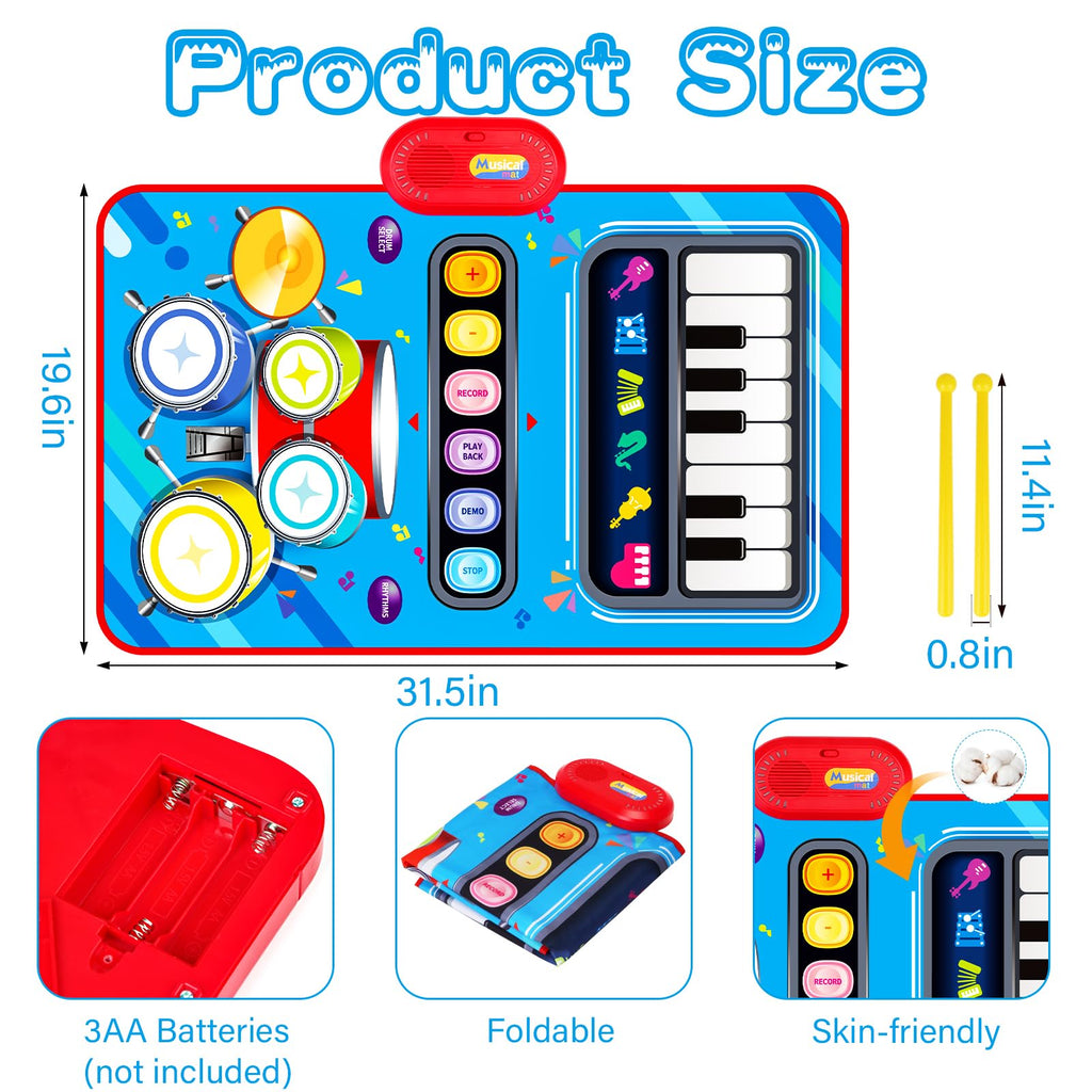 Soft and foldable two in one piano drum play mat for early childhood coordination training.