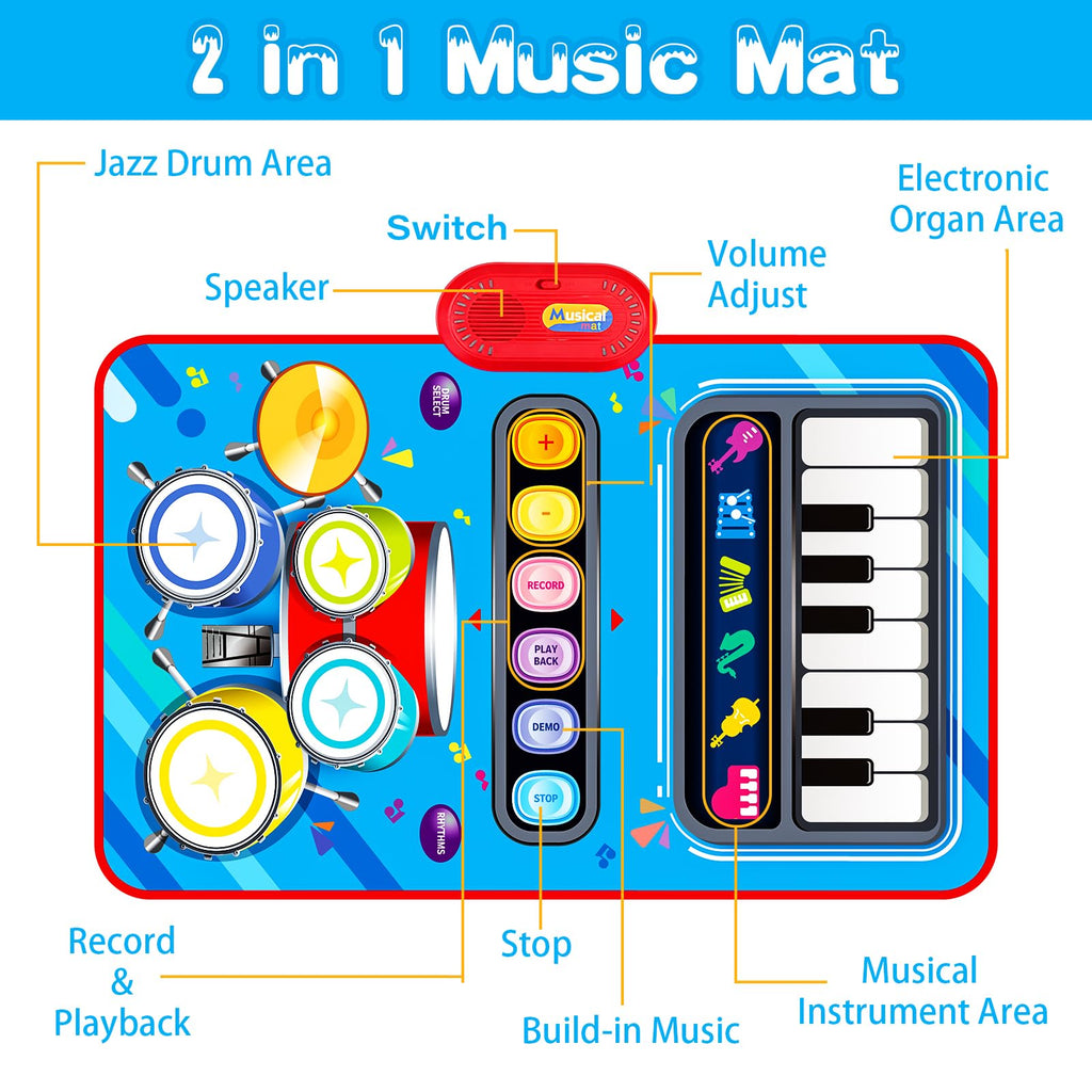 Aitbay early learning educational sensory mat showing six distinct instrument icons.