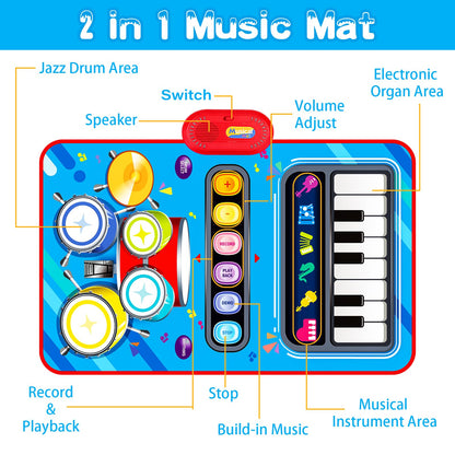 Aitbay early learning educational sensory mat showing six distinct instrument icons.