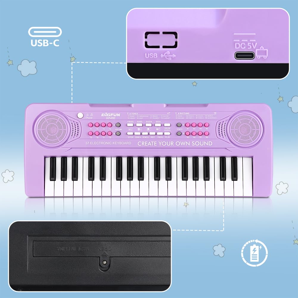 BIGFUN purple electronic keyboard for kids highlighting the recording feature buttons.