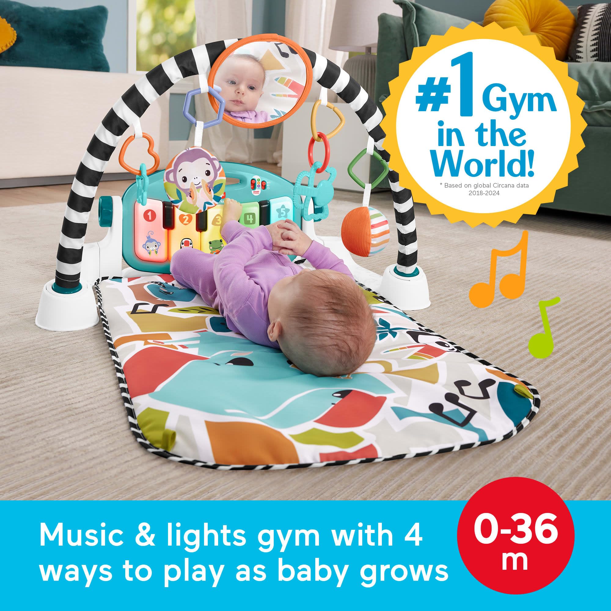 Infant activity mat with high-contrast overhead toy arch and hanging developmental toys.