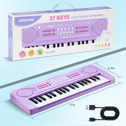 BIGFUN kids piano instrument showcasing the dual power battery compartment and USB port.
