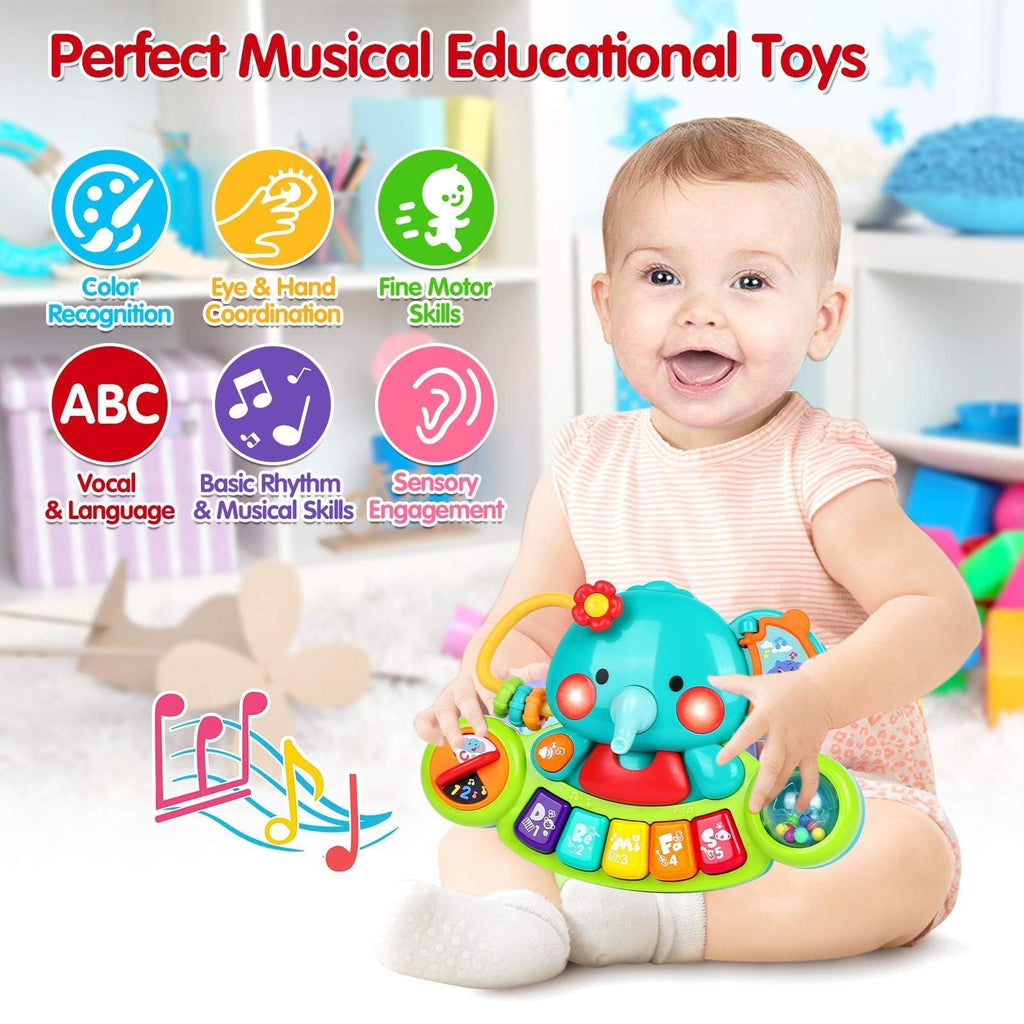 Witalent infant educational keyboard featuring the turning trunk and spinning ball mechanical activities.