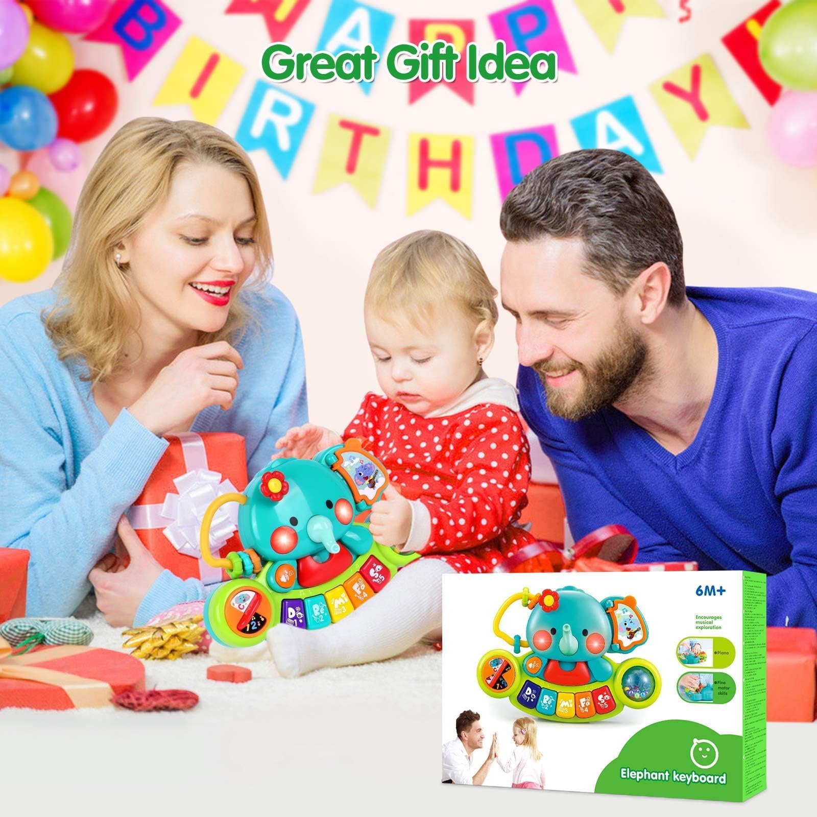 Witalent toddler sensory development piano displaying the built in grasping rings and pulling flower feature.