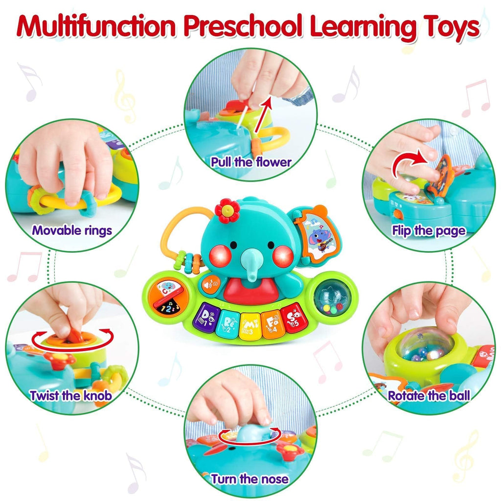 Witalent light up infant toy being held by the top handle to demonstrate its compact size and portability.