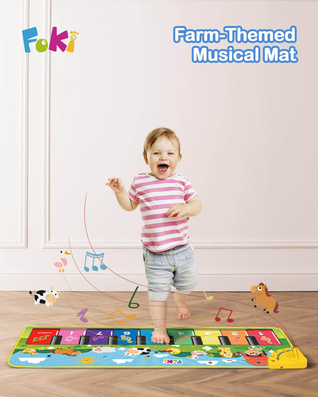 Toddler dancing on the Foki musical keyboard carpet toy for coordination learning