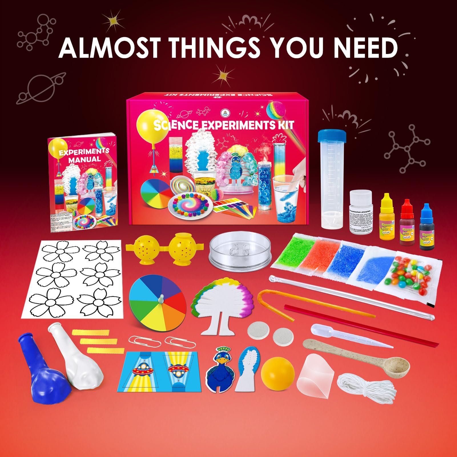 Close up view of the durable scientific apparatus and safe chemical ingredients included in the UNGLINGA STEM toy.