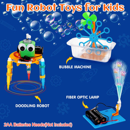 Assembled bubble machine and fiber optic lamp working models from the science project set.