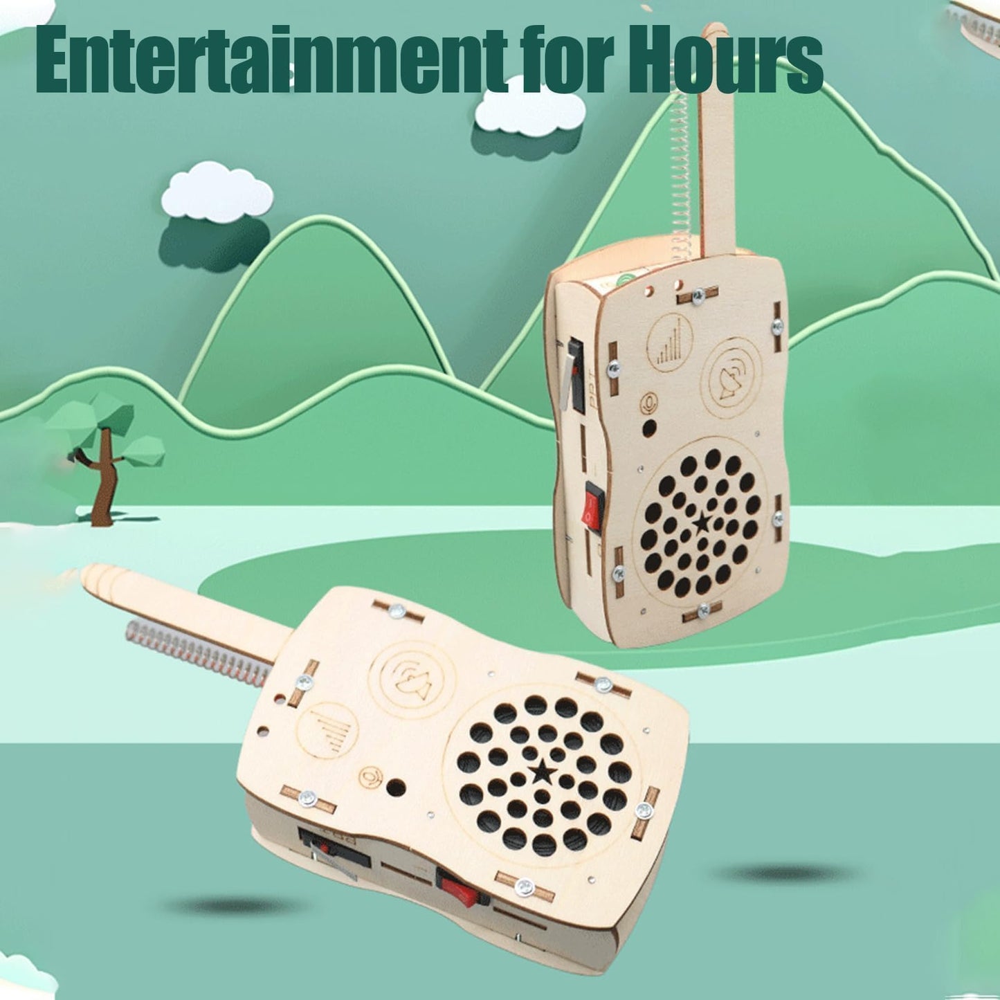 Close up of the simple push to talk button on the wooden radio toy