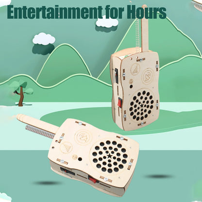 Close up of the simple push to talk button on the wooden radio toy