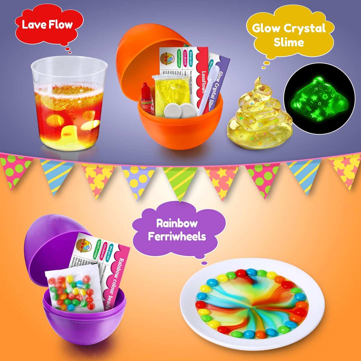 UNGLINGA holiday surprise eggs opened to reveal materials for colorful foam and slime experiments.