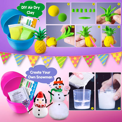 UNGLINGA plastic experiment eggs arranged as non-candy holiday basket stuffers.