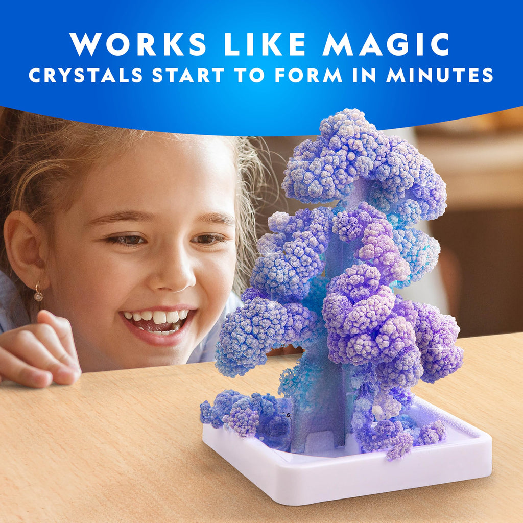 Six fully grown colorful crystal trees with watercolor markers and geode specimen