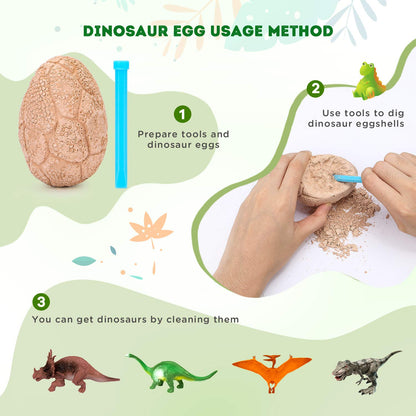 A child using the chisel and brush tool to excavate a hidden toy dinosaur from a soaked clay egg