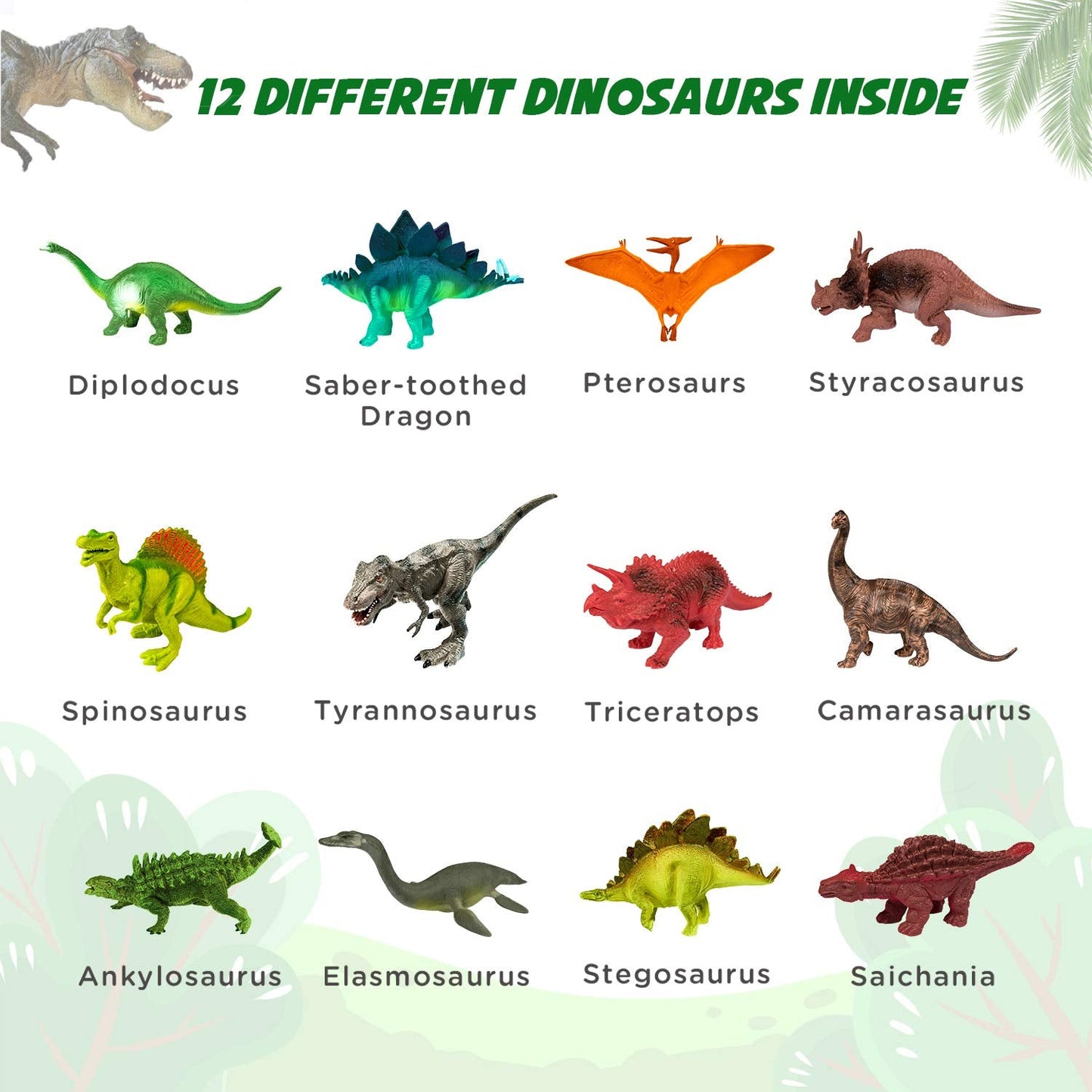 Detailed view of the twelve unique miniature dinosaur figures included in the STEM kit