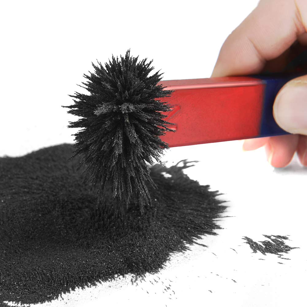 Physics education supplies demonstrating magnetic induction patterns on a white background with iron dust