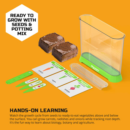 Eleven piece STEM gardening set components including seed packets and potting soil mix