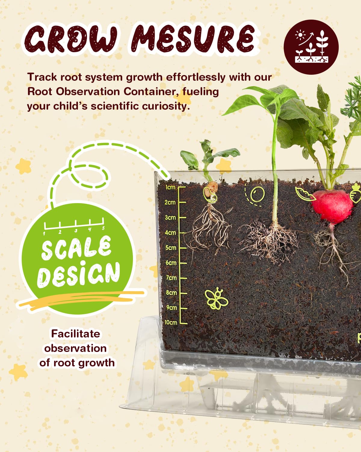 PLANTMEW educational STEM science kit showing radish and carrot roots growing underground