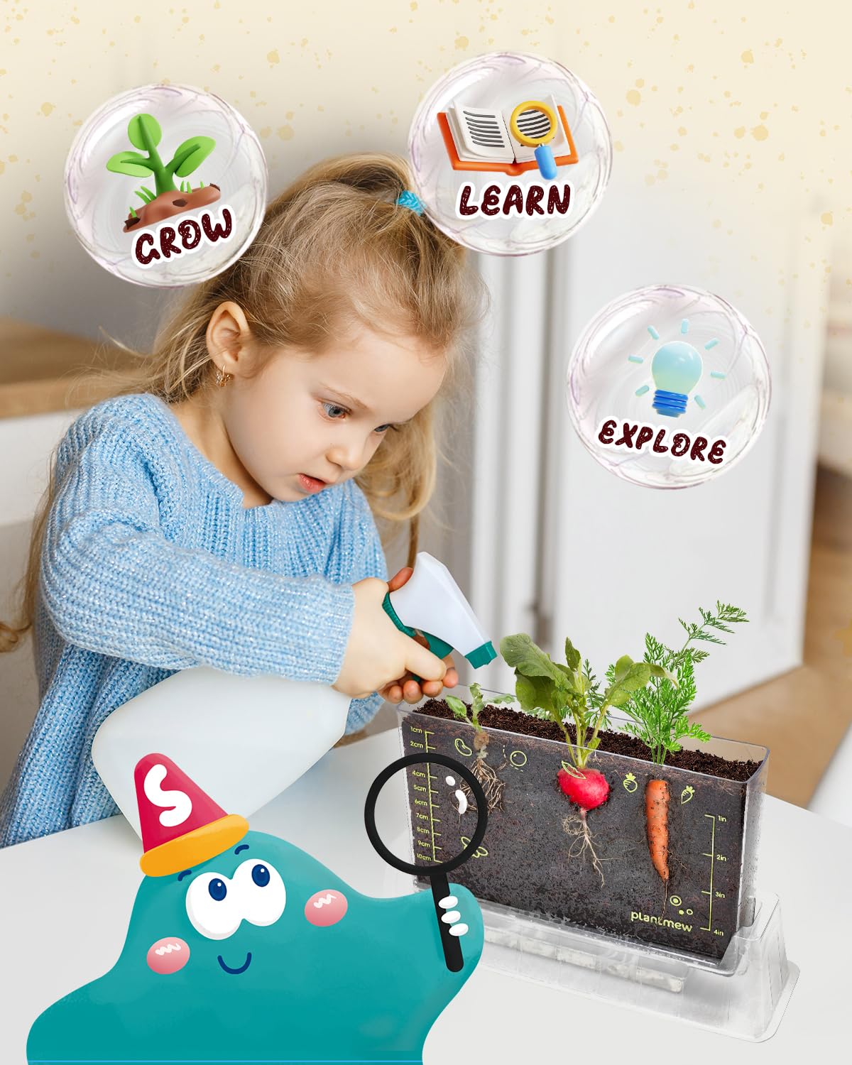 PLANTMEW kids root viewer kit packaging box showing complete educational science contents