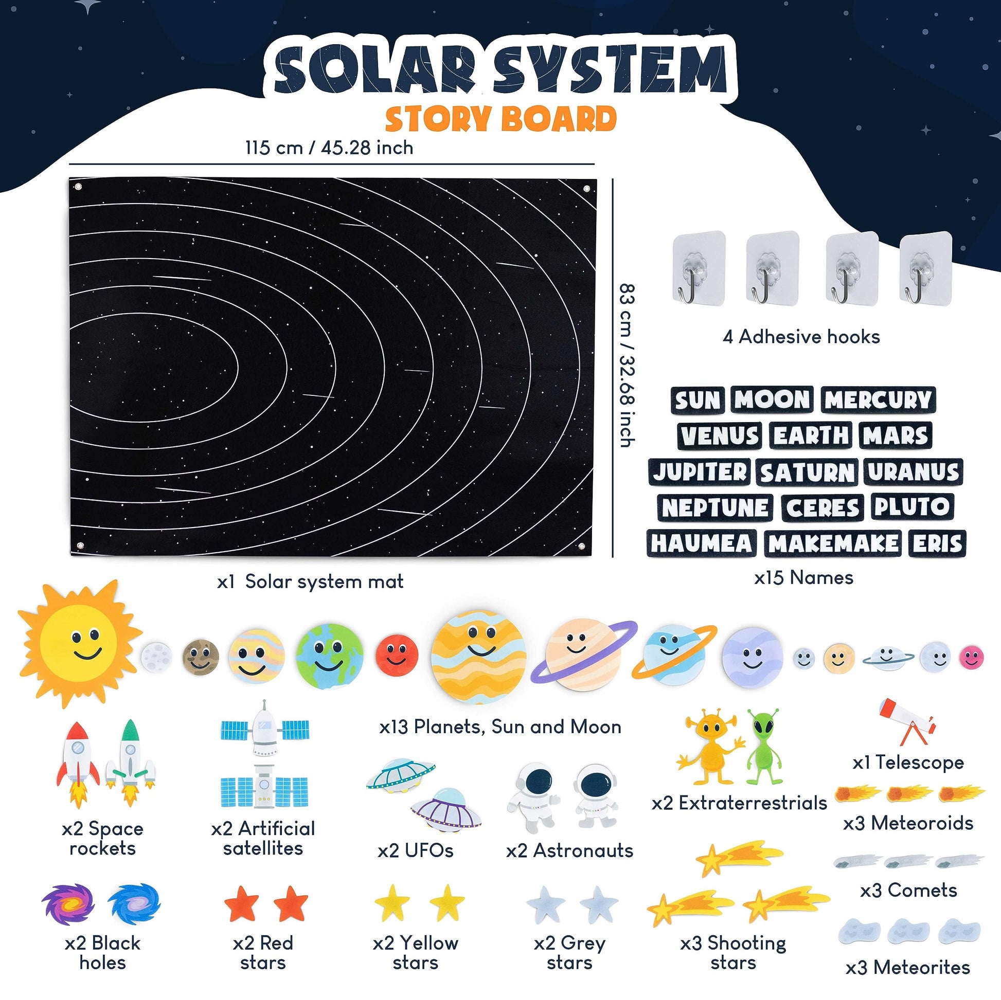 Montessori space story board layout showing astronauts and aliens pieces attached via Velcro