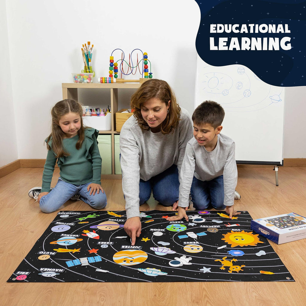 Educational astronomy kit packaging reference guide with dwarf planets and English name labels