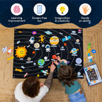 Kid friendly wall mounted solar system model installed in a children playroom background
