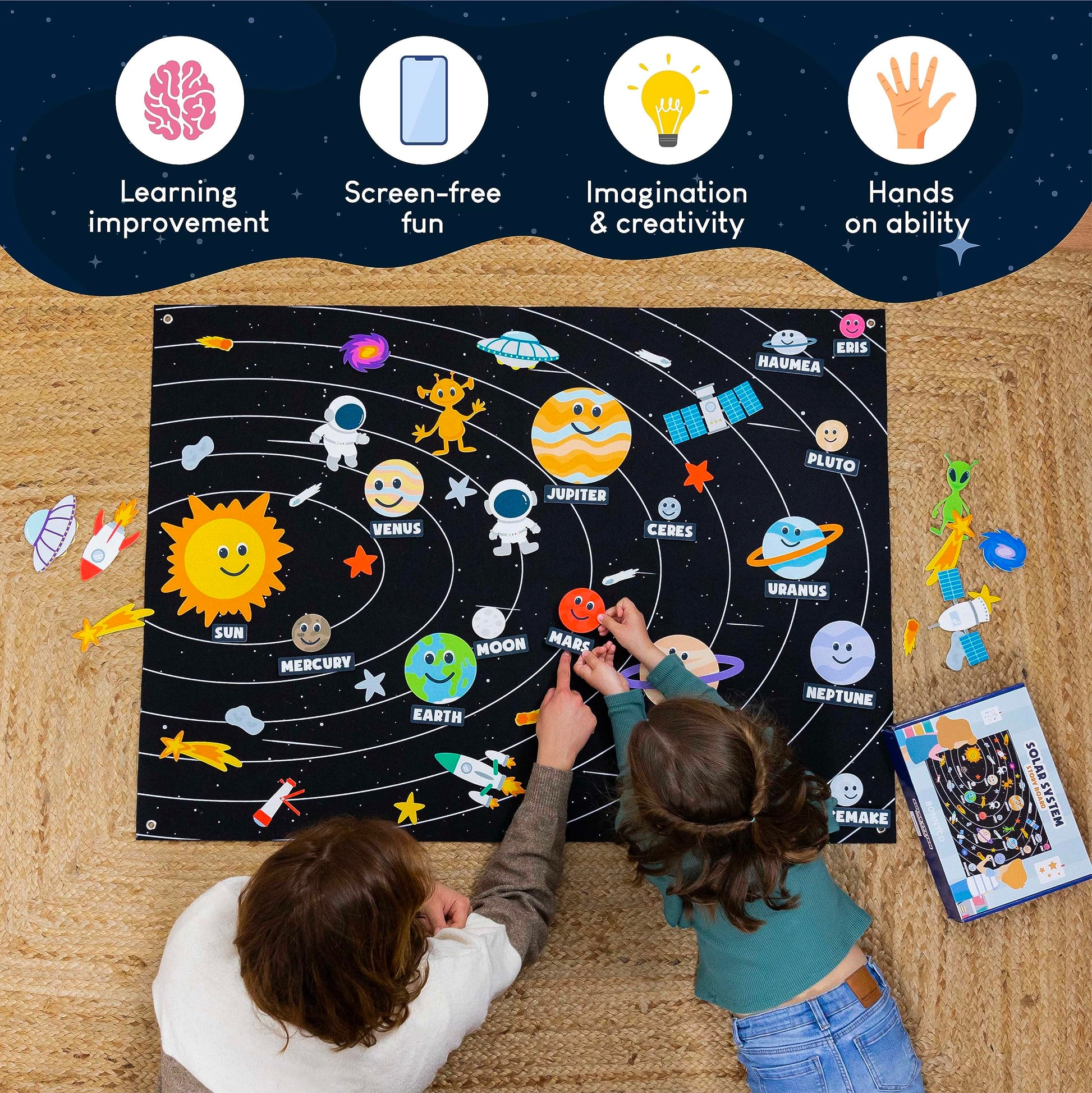 Kid friendly wall mounted solar system model installed in a children playroom background